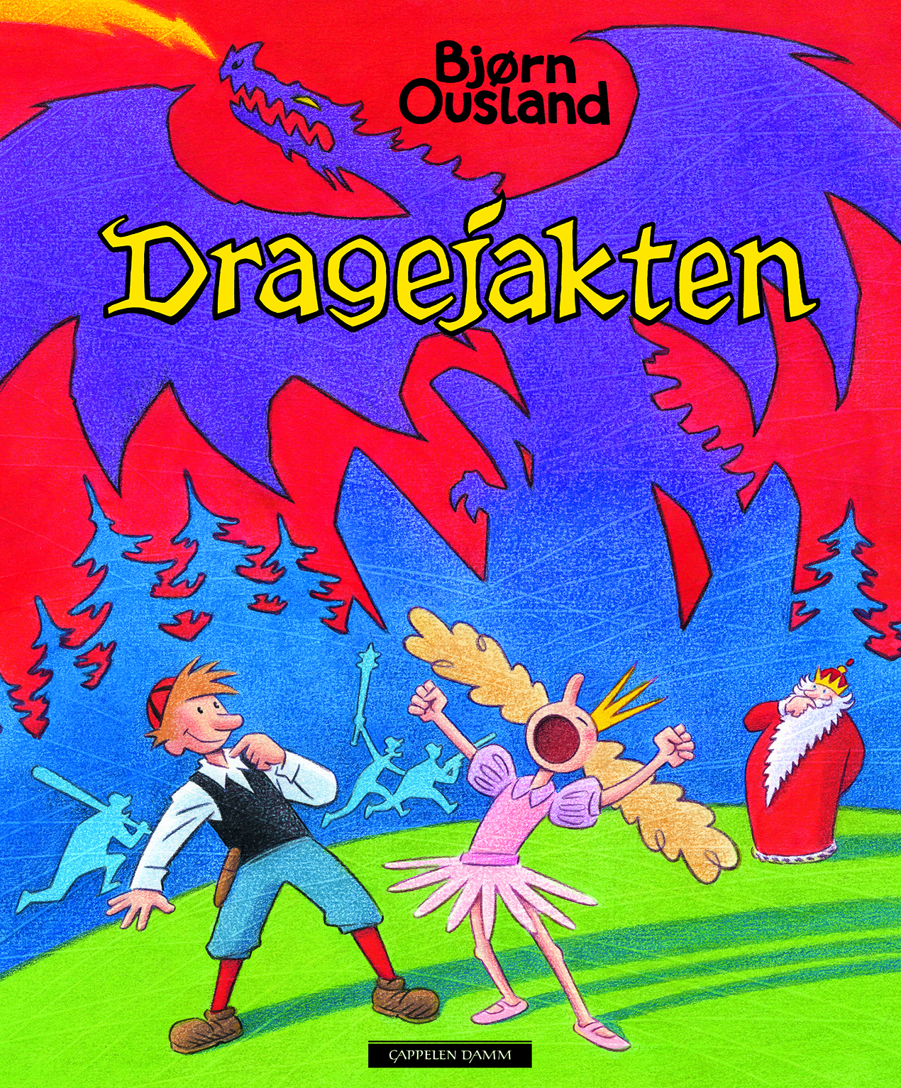 Forside: Illustrasjon som viser Askeladden og prinsessa i forgrunnen, kongen i bakgrunnen og siluetten av en drage på himmelen.