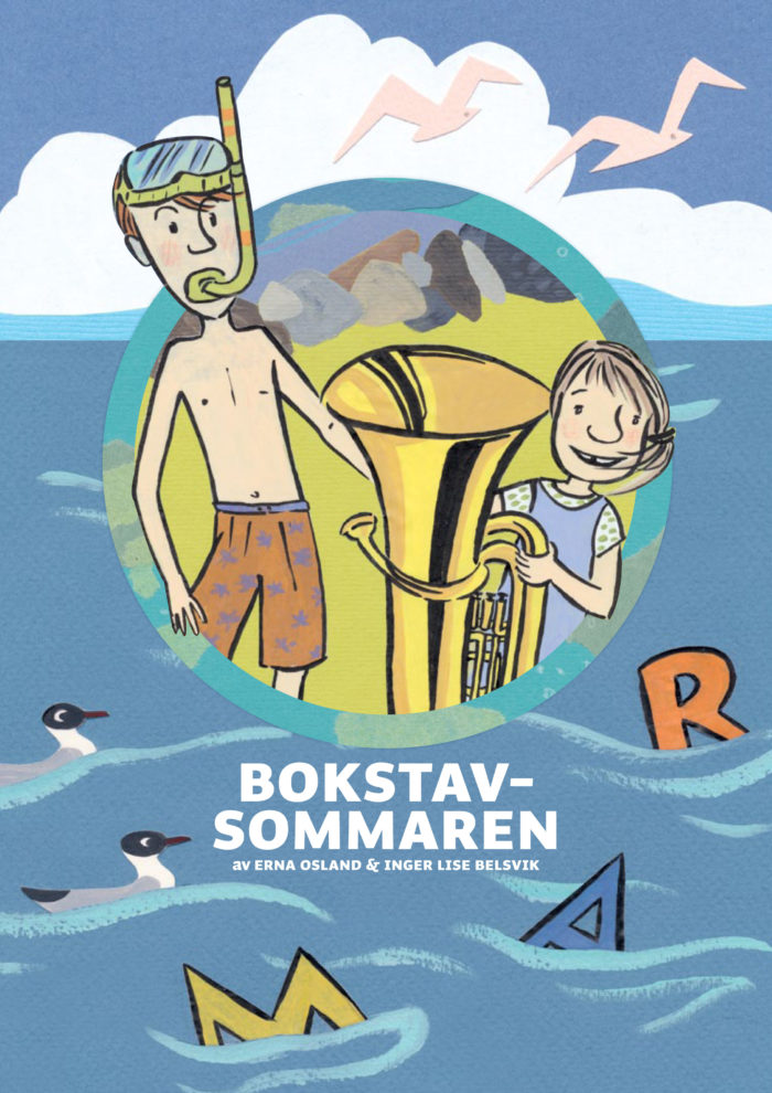 Bokforside: Illustrasjoner av hav der det flyter bokstaver, av gutt med dykkermaske og snorkel, samt jente med tuba.