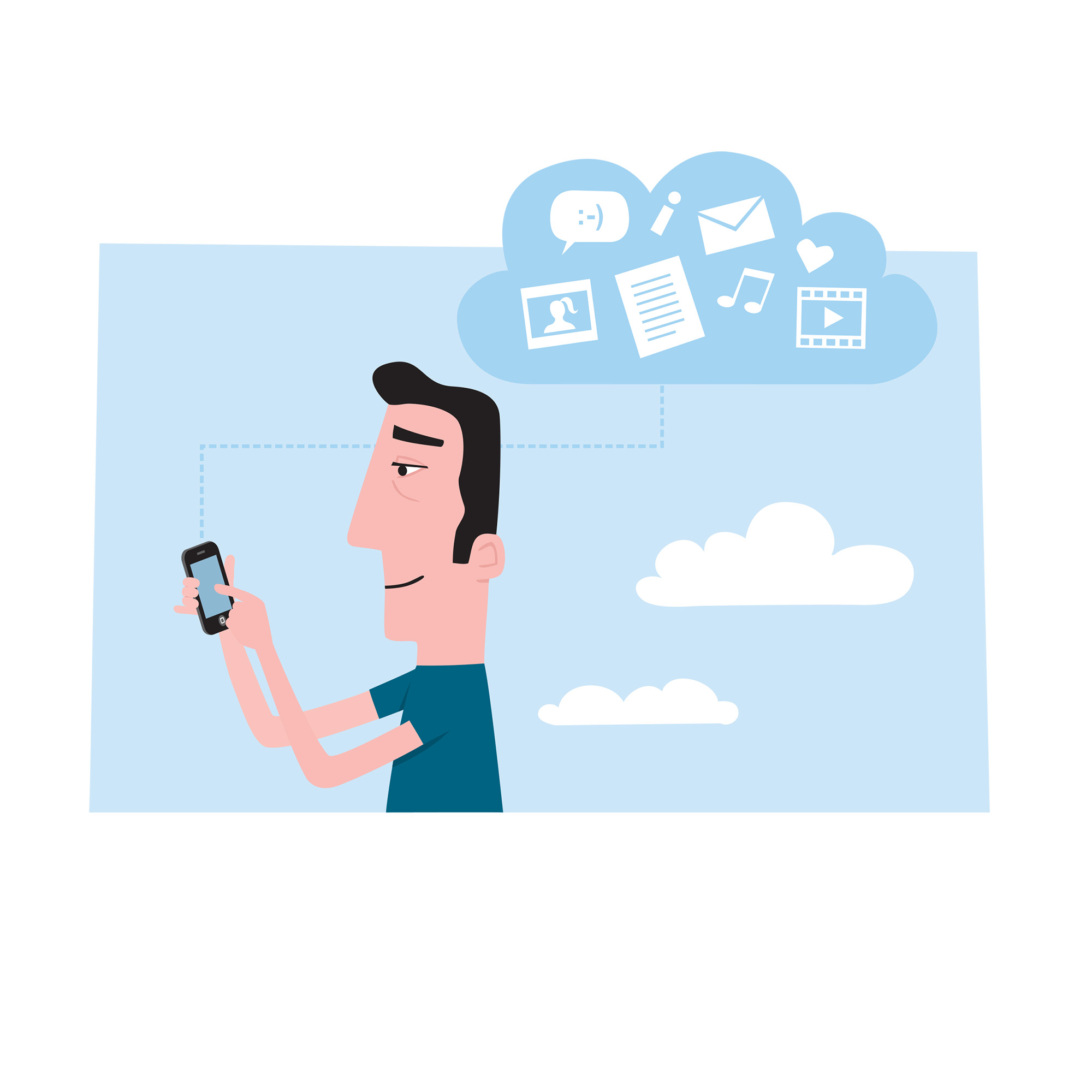 Illustrasjon av mann med mobil og tankesky av apper