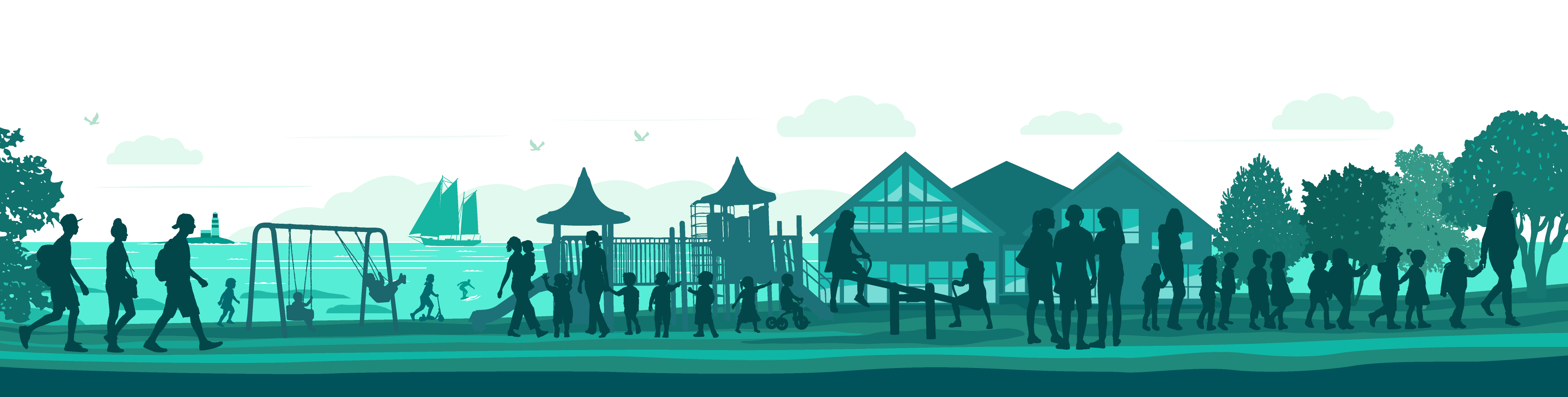 Footer illustration for Centre for Learning Environment - children, teenagers and adults communicating