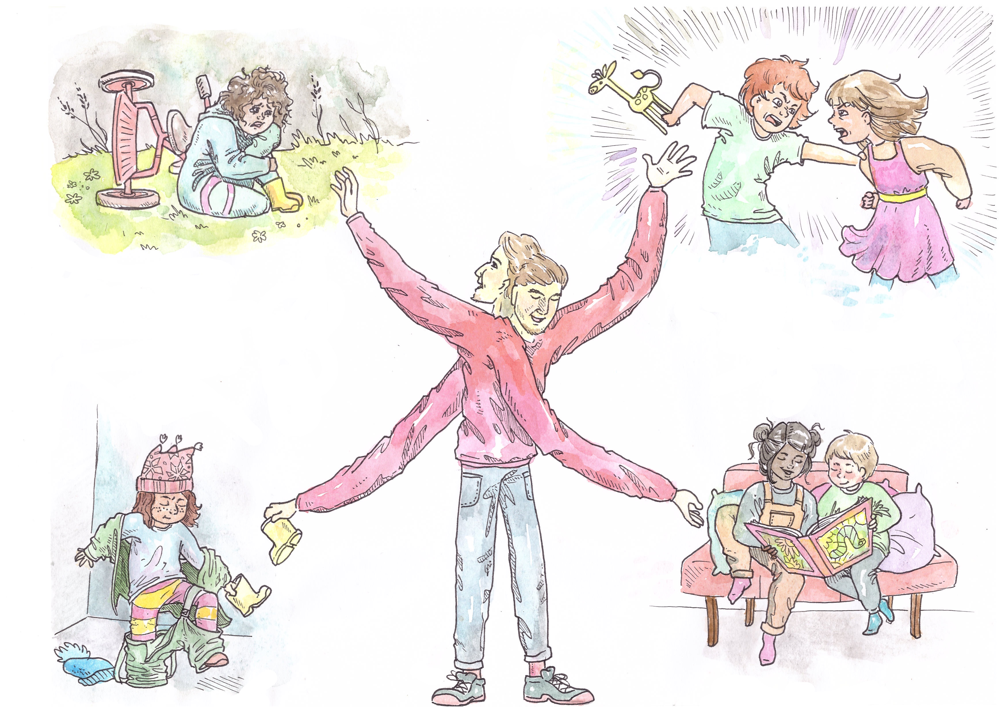 Illustrasjon av en barnehagelærer med lange armer som prøver å være tilstede i mange situasjoner samtidig.