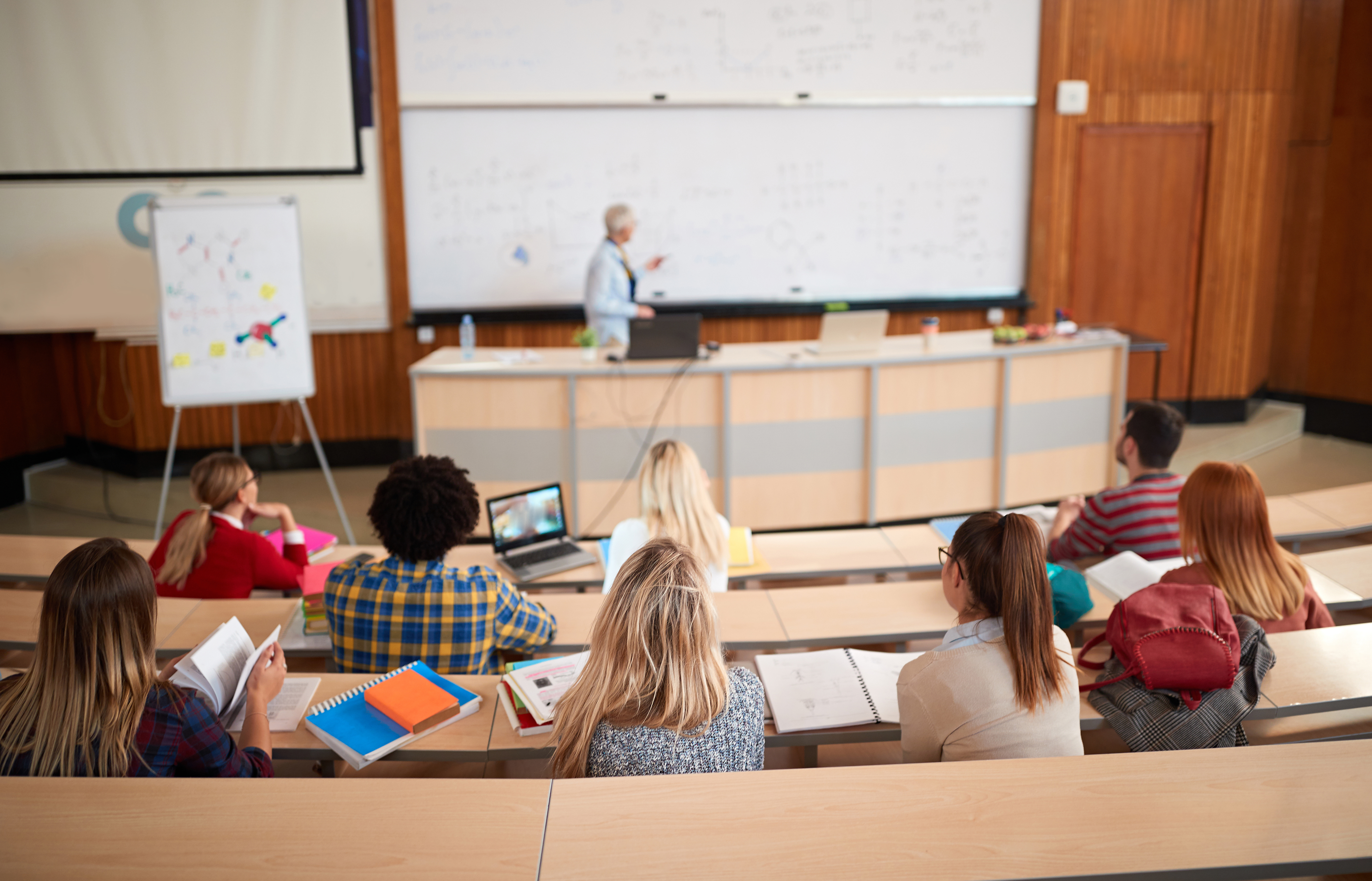 Studenter i auditorium sett bakfra med foreleser i bakgrunnen