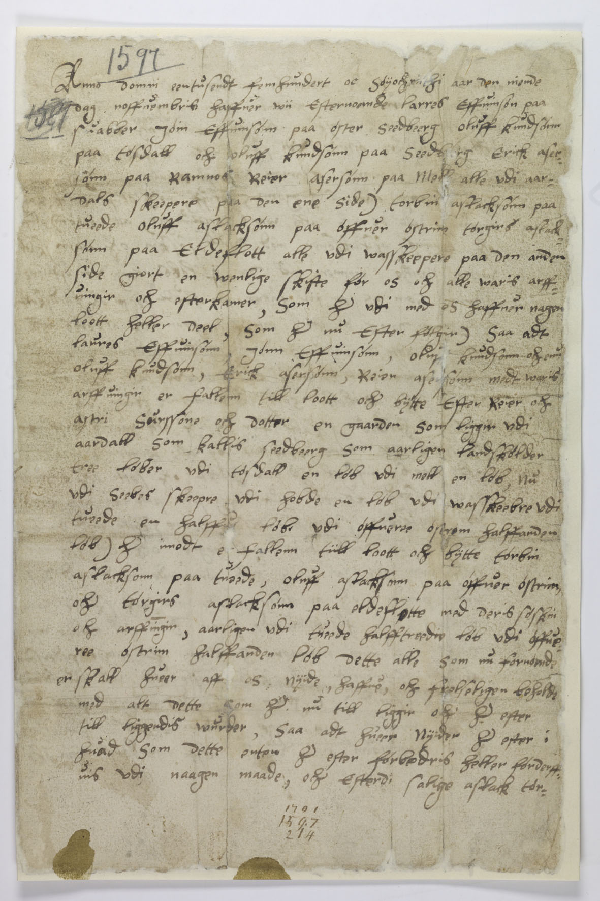Handskrive dokument frå 1597 som tyder eit arveoppgjer frå Årdal.
