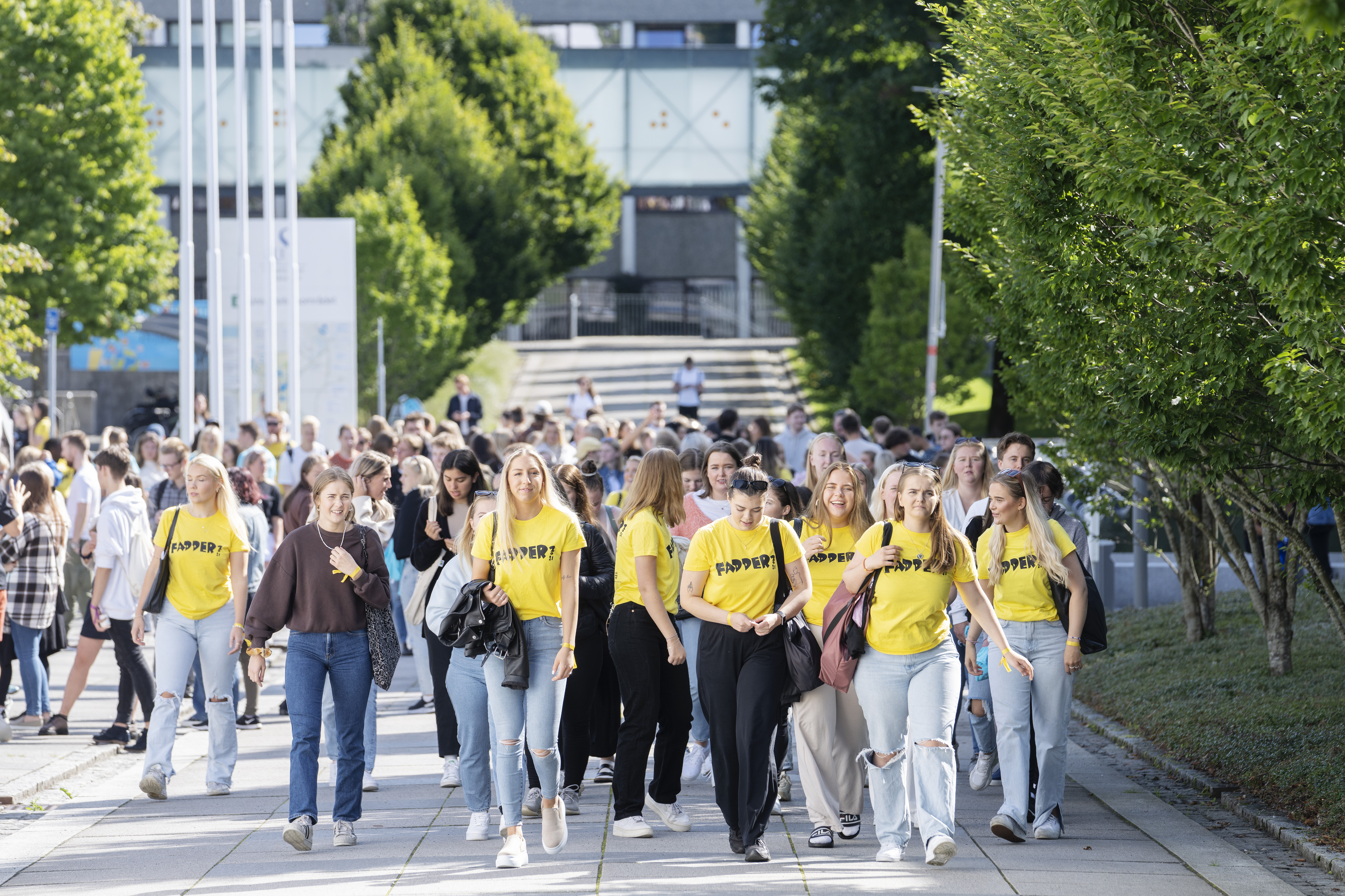 En stor gruppe studenter, flere med gule Fadder-t-skjorter, går på campus