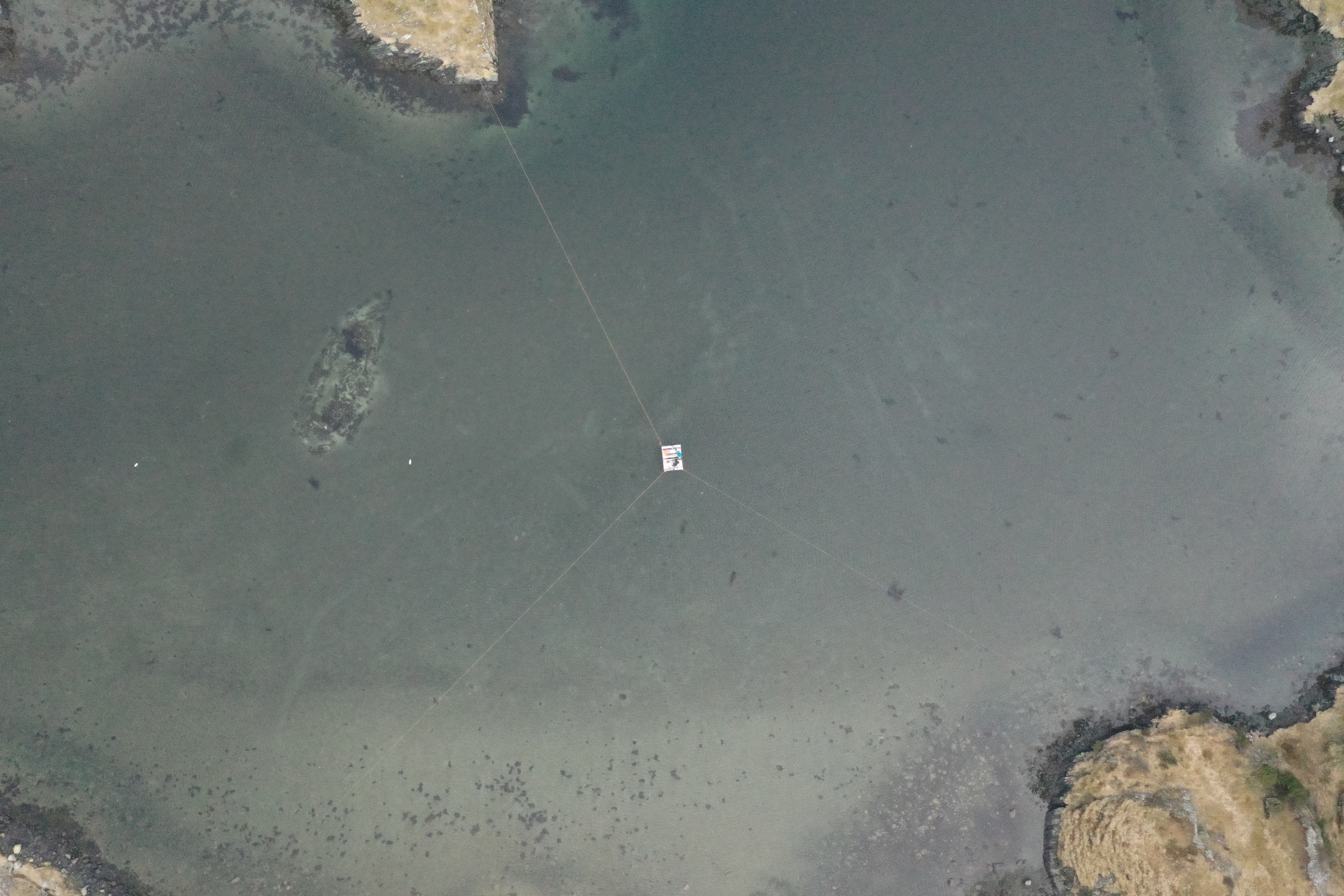 Figur 5. Dronefoto frå Gloppehamn, med Avaldsneskipet til venstre. Midt i fotoet er flåten der geologane jobber med kjerneprøvetaking. Flåten er ankra med tau i land slik at den lett kan halast mellom prøvepunkta. Foto: Arild Skjæveland Vivås.