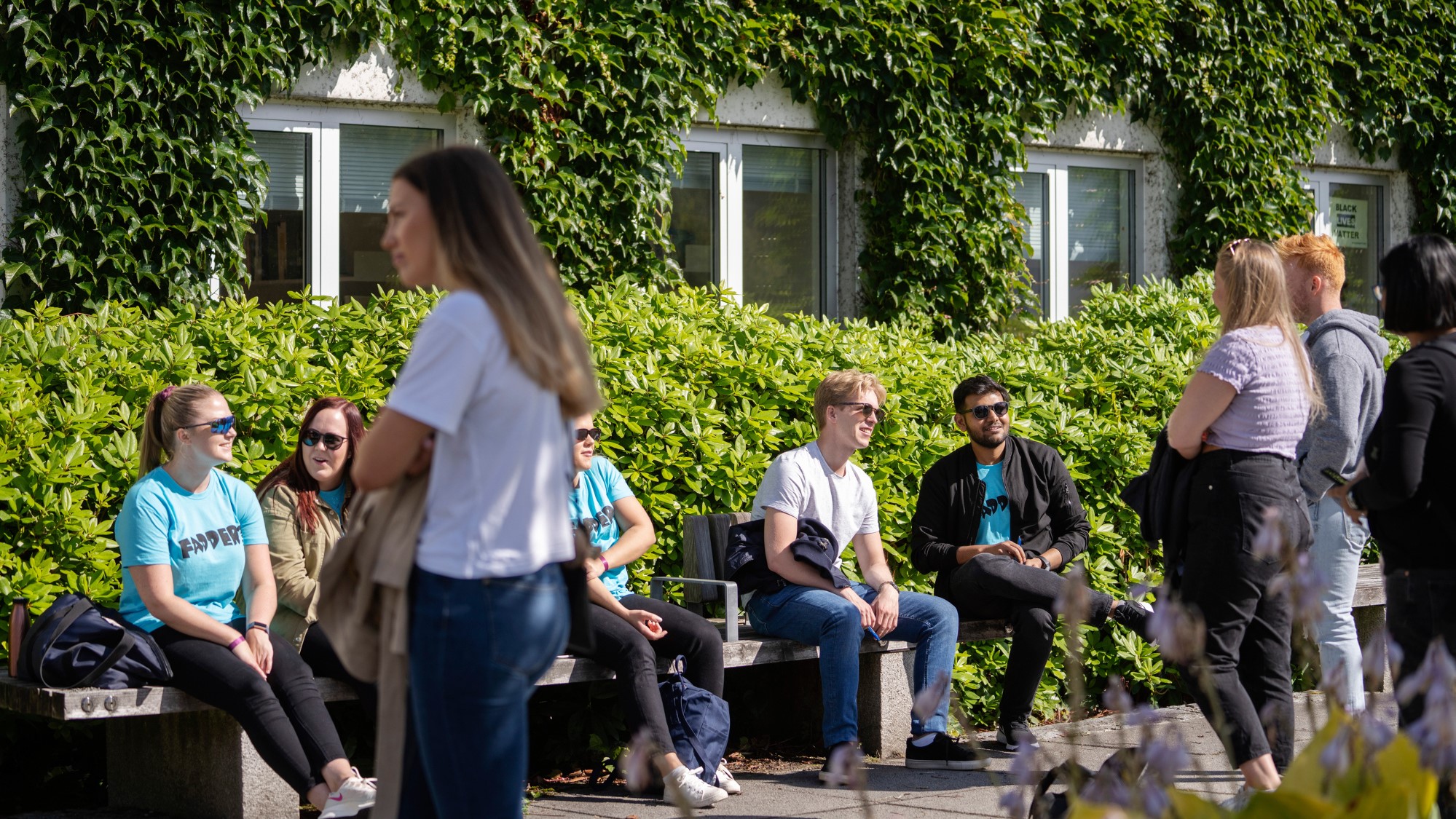 Studenter sitter på benker foran bygning med eføy på veggen