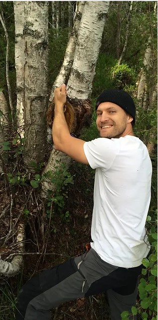 Mann som finner en stor sopp på et tre