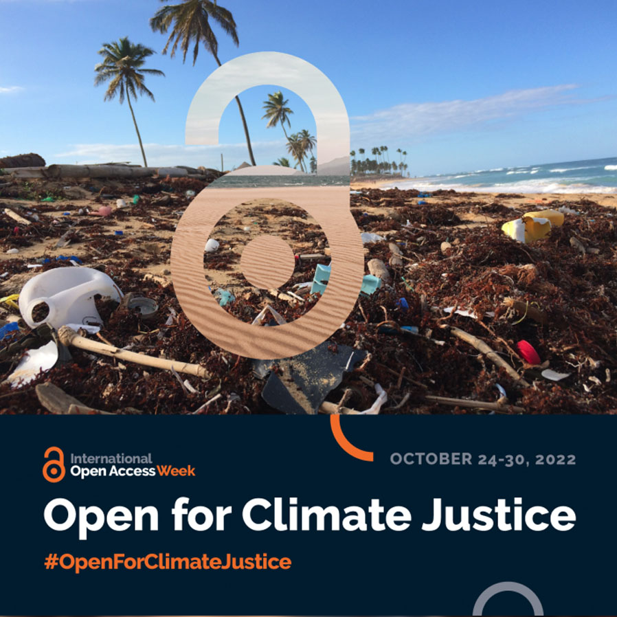 Polluted beach with a open access logo in the middle, with the text Open for Climate Justice
