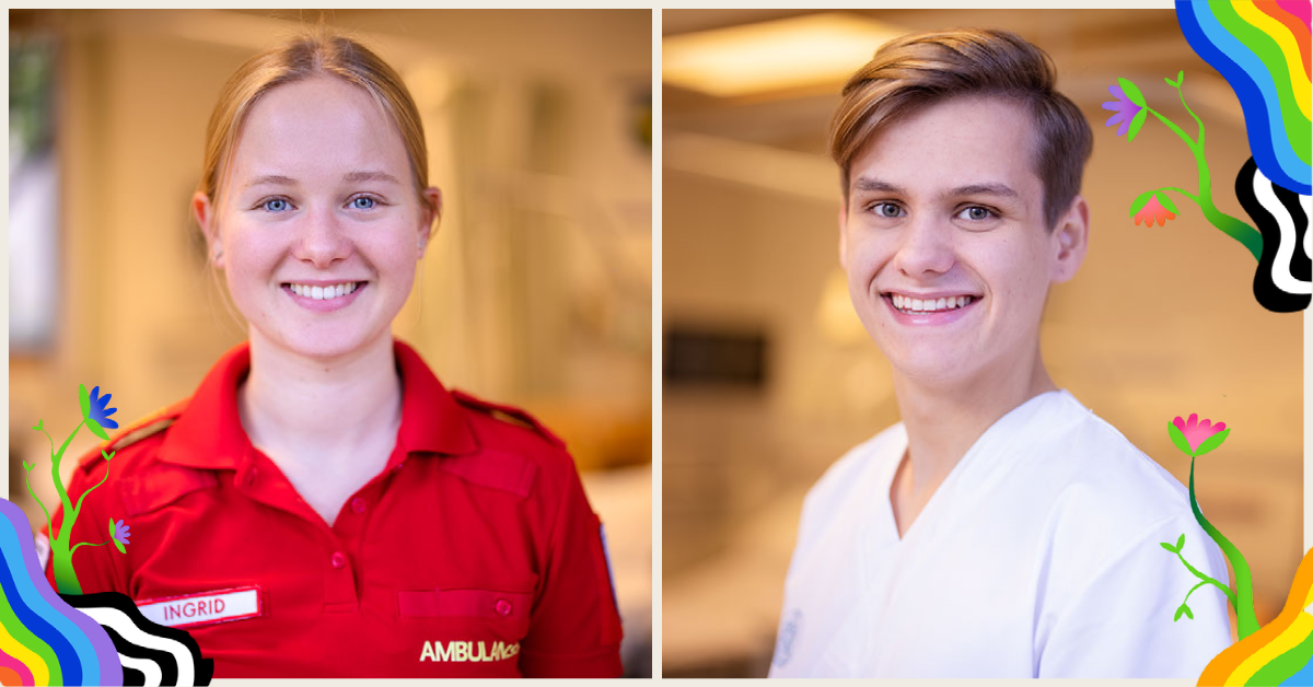 Portrettfoto av kvinnelig paramedisinstudent i ambulanseuniform og mannlig sykepleierstudent i hvit uniform.