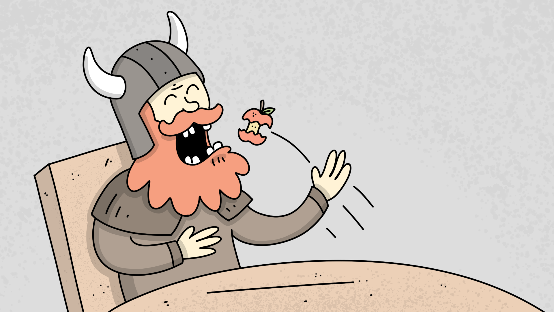 Illustrasjon av mann med rødt skjegg og vikinghjelm som spiser.