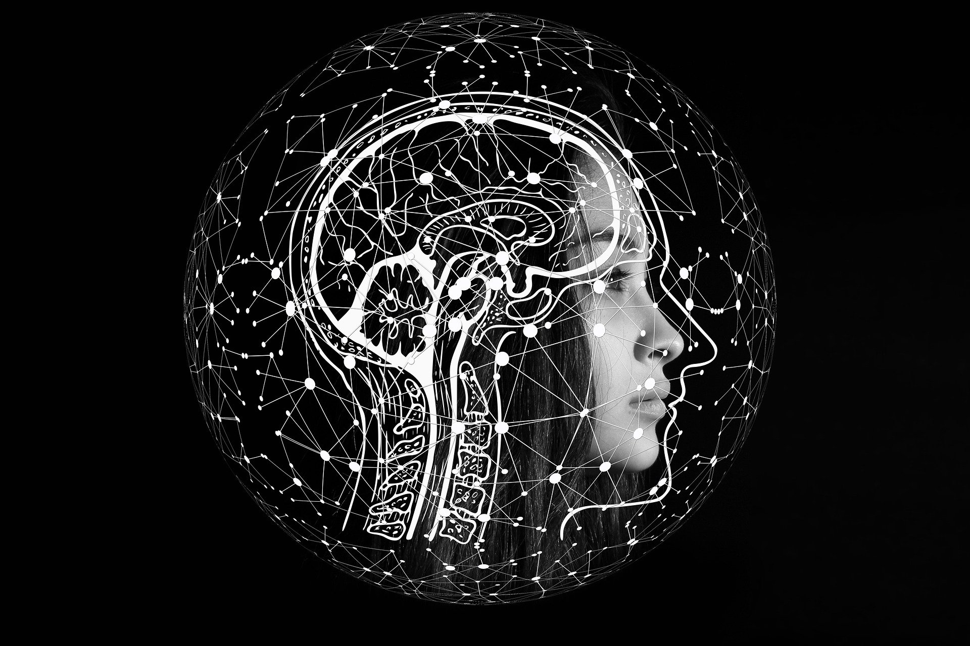 Illustrasjon av et kvinneansikt fra siden hvor et utsnitt av hjernen er tegnet oppå hodet. Hjernen og ansiktet er omkranset av sammenkoblete prikker og streker.