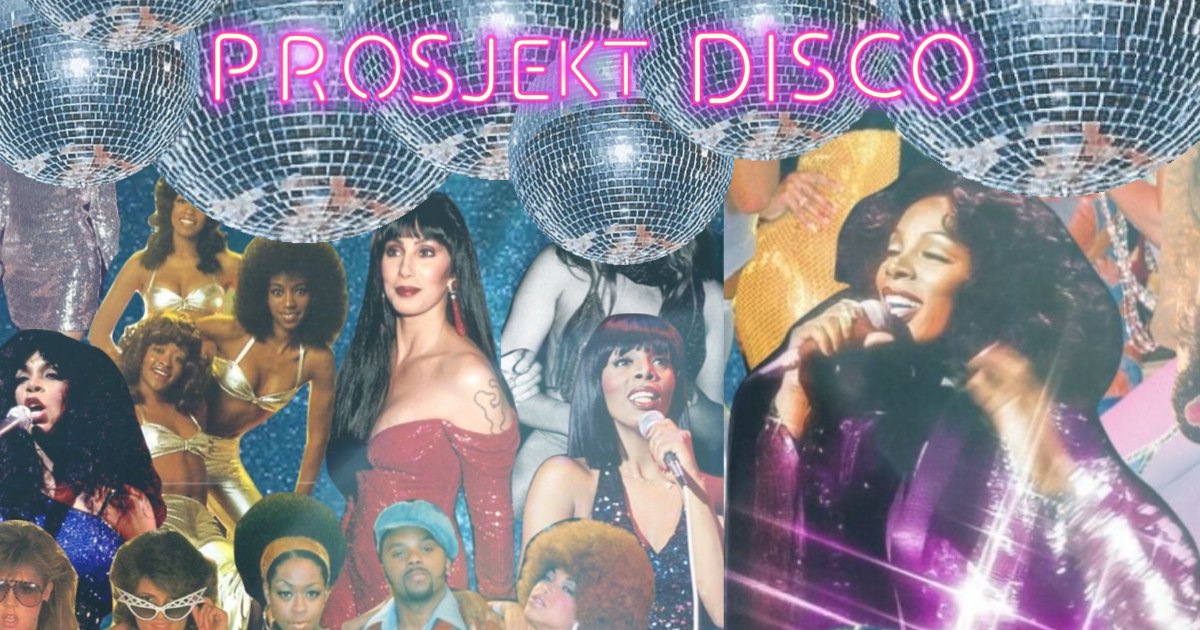Plakat for prosjekt disco med disco-stjerner og discokuler
