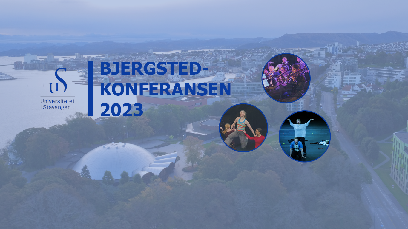Plakat til Bjergstedkonferansen 2023. Dronebilde over Bjergsted og tre små bilder av dans, opptreden og konsert