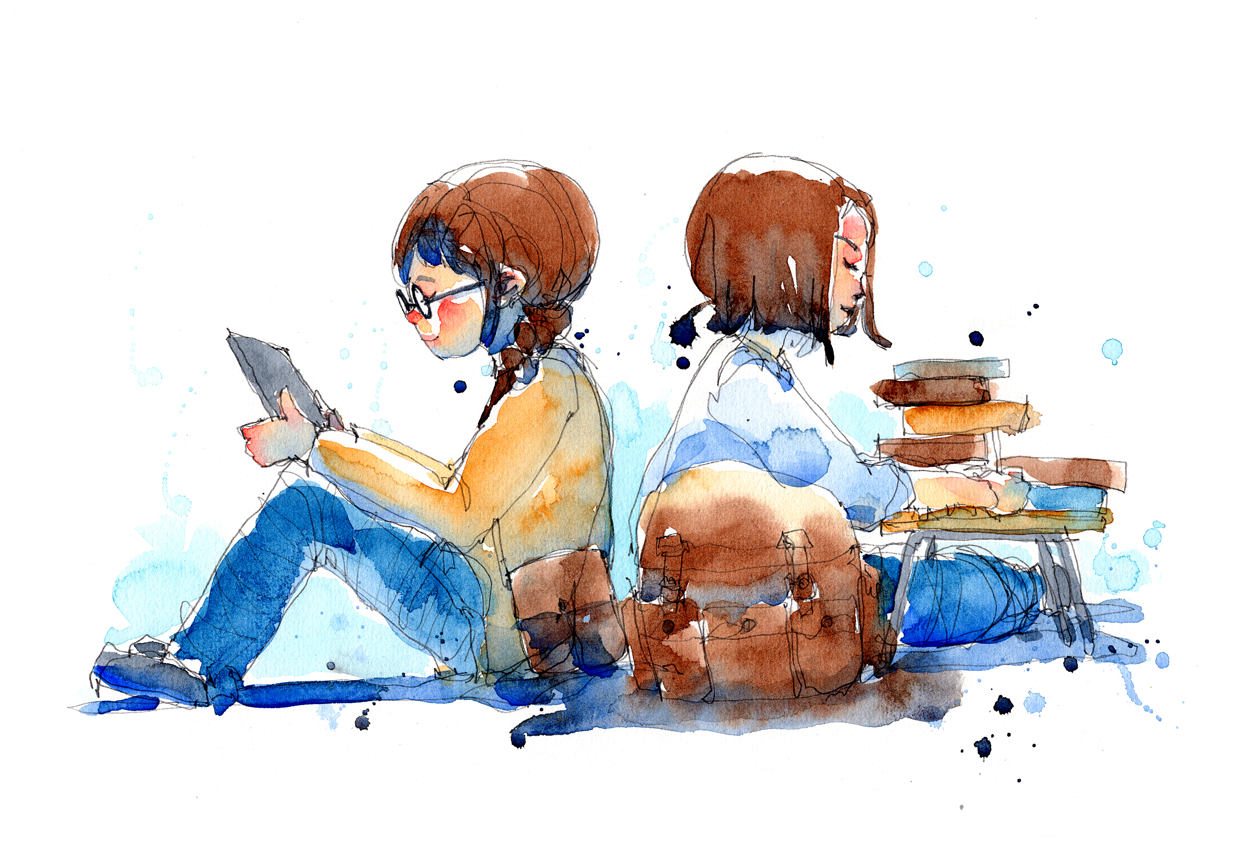 Illustrasjon av to barn som sitter med ryggen mot hverandre. Den ene leser på skjerm, den andre har en stabel bøker ved siden av seg.