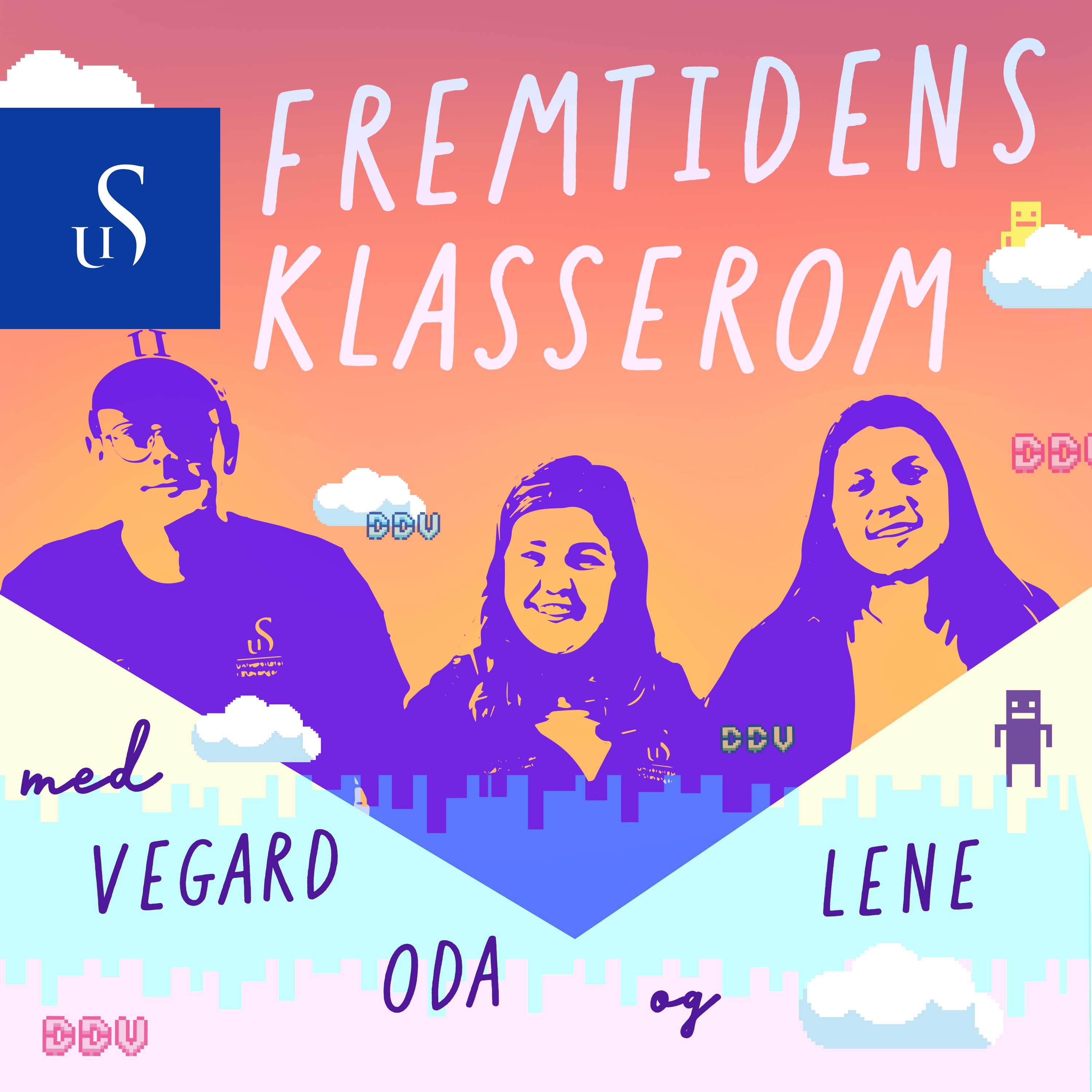 Vegard, Oda og Lene som programledere i podkasten "fremtidens klasserom" 