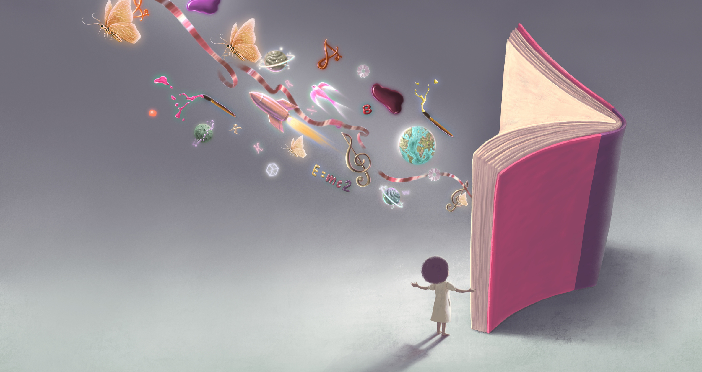 illustrasjon av jente med en stor bok. Det kommer symboler ut av boka.