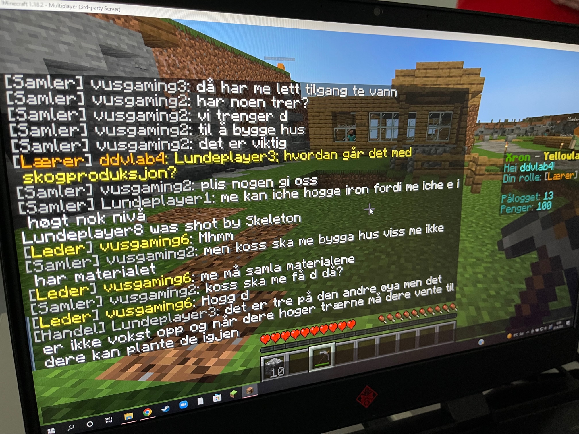 Bilde av dataskjerm med skriftlig meldingsdialog i dataspillet Minecraft.