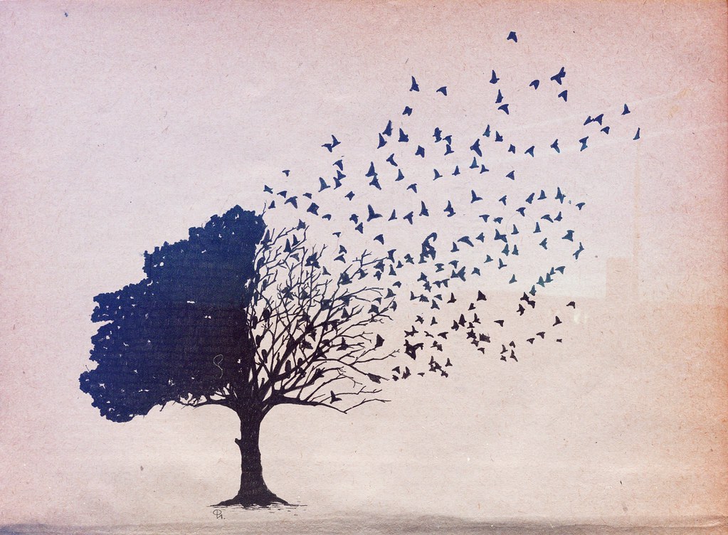 Illustrasjon: et tre med fugler som blader som flyr avgårde