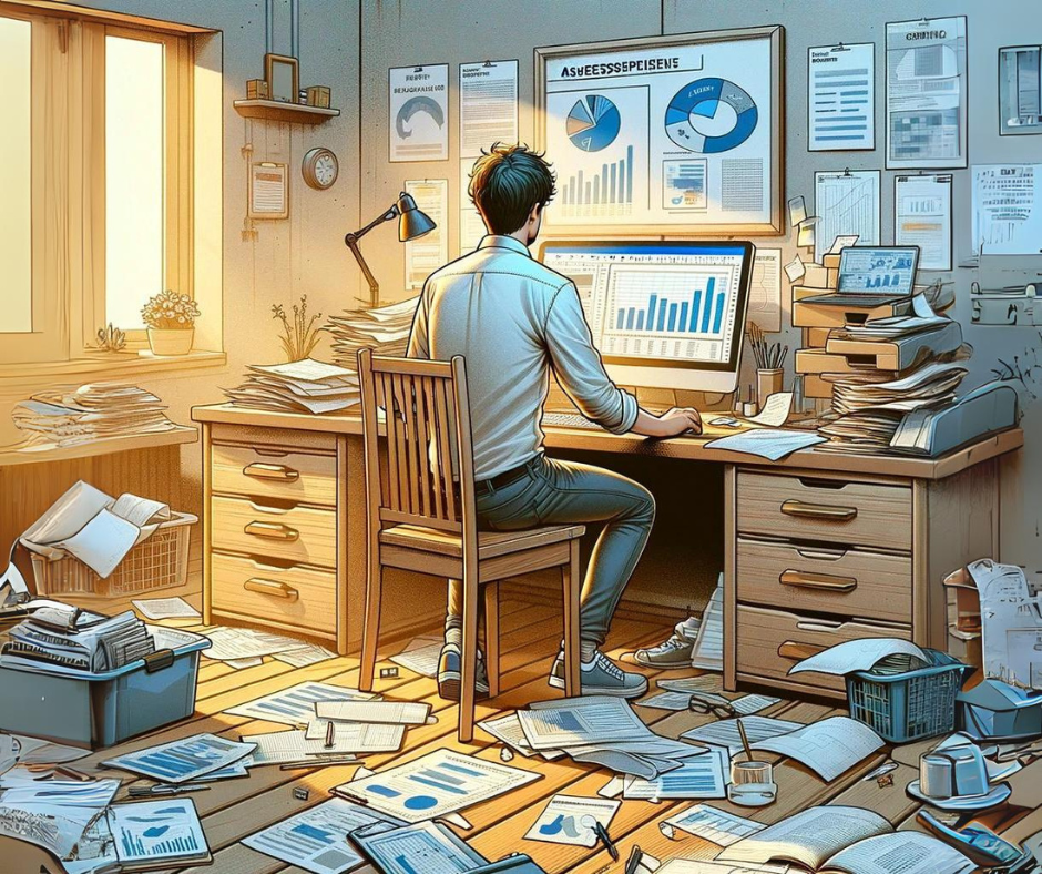illustrasjon av en mann som sitter ved en pult i et rotete kontor.
