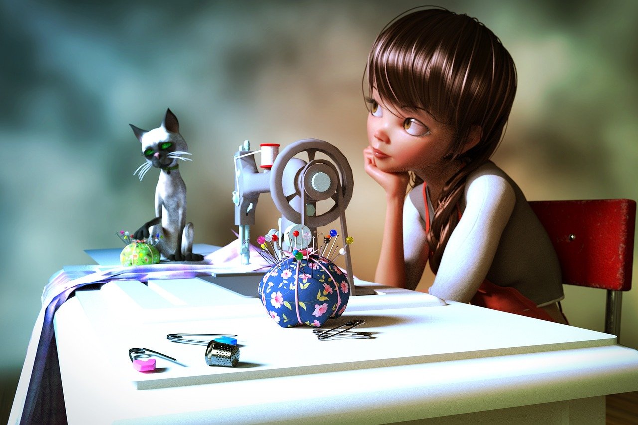 Illustrasjon av ung jente som sitter ved en symaskin.