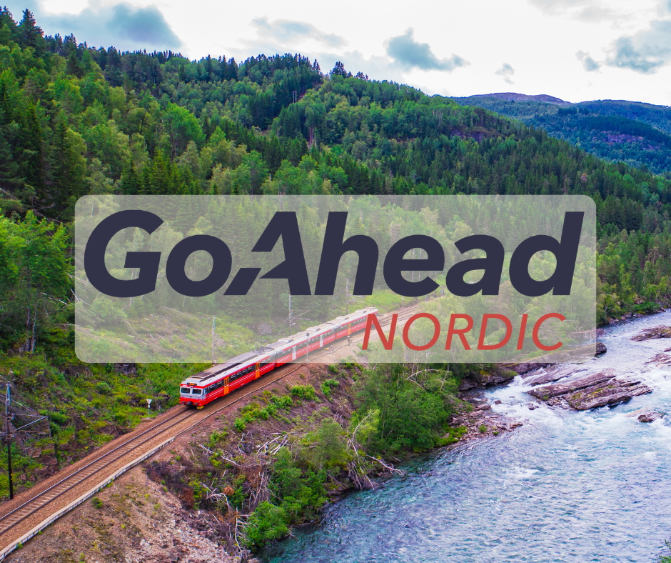 Goahead nordic logo over bilde av et tog i naturen