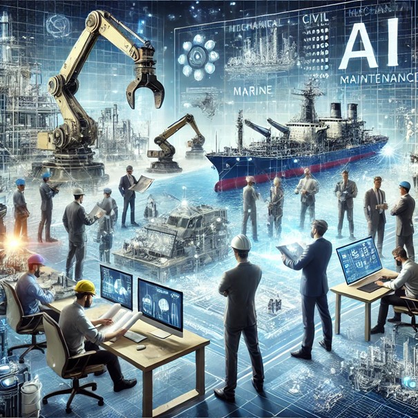 Illustration of different industry like shipyards, with AI signs in the background