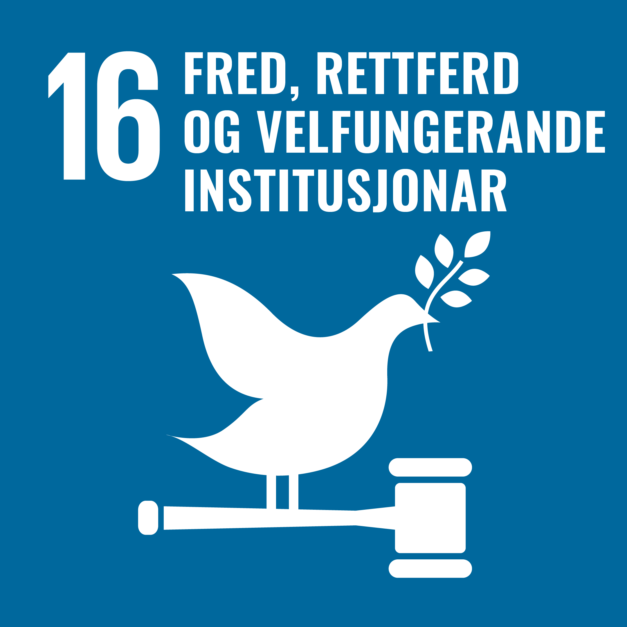 symbol med fredsdue og dommerhammer og teksten Fred, rettferd og velfungerande institusjonar