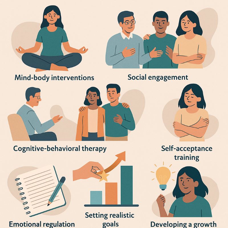 Illustration of people doing different things like yoga, talking, writing, thinking etc..