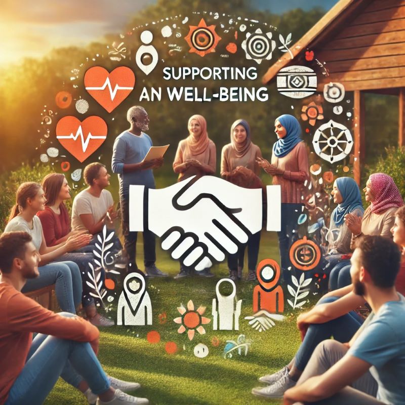 Illustration with people of different nationalities gathered in a colourful garden.