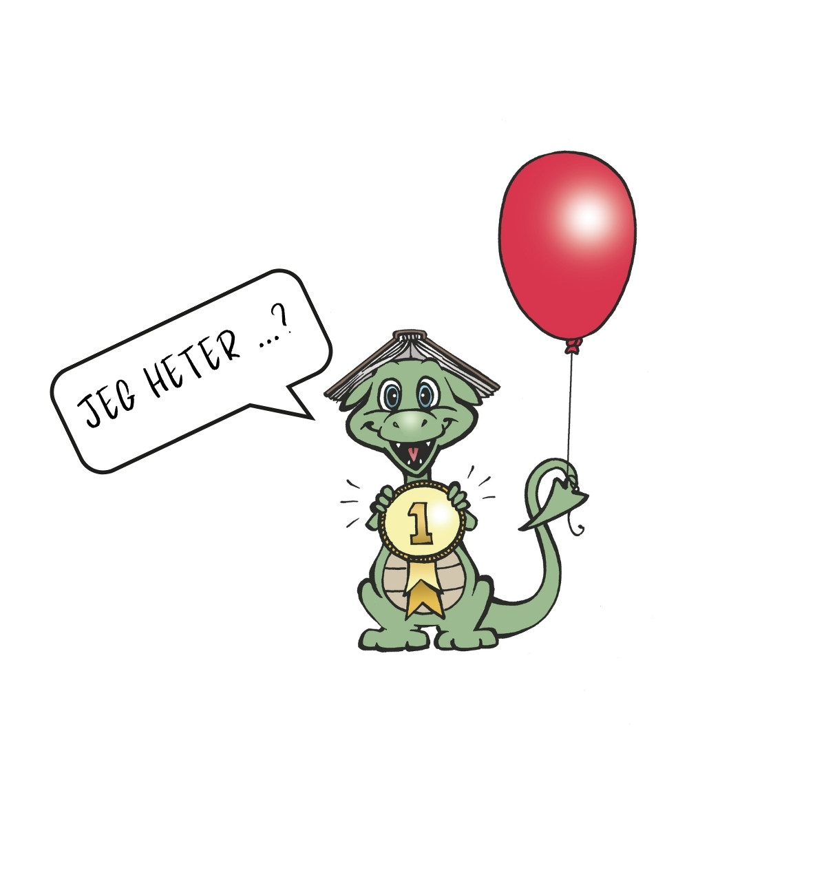 sfo dragemaskot med ballong og snakkeboble "Jeg heter...?"