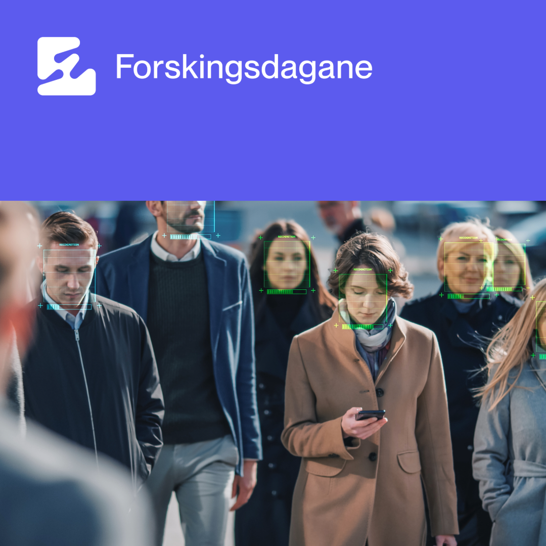 Overvåkningsbilde av en gruppe mennesker på gata. Ansiktene deres er digitalt gjenkjent og markert med grønne linjer