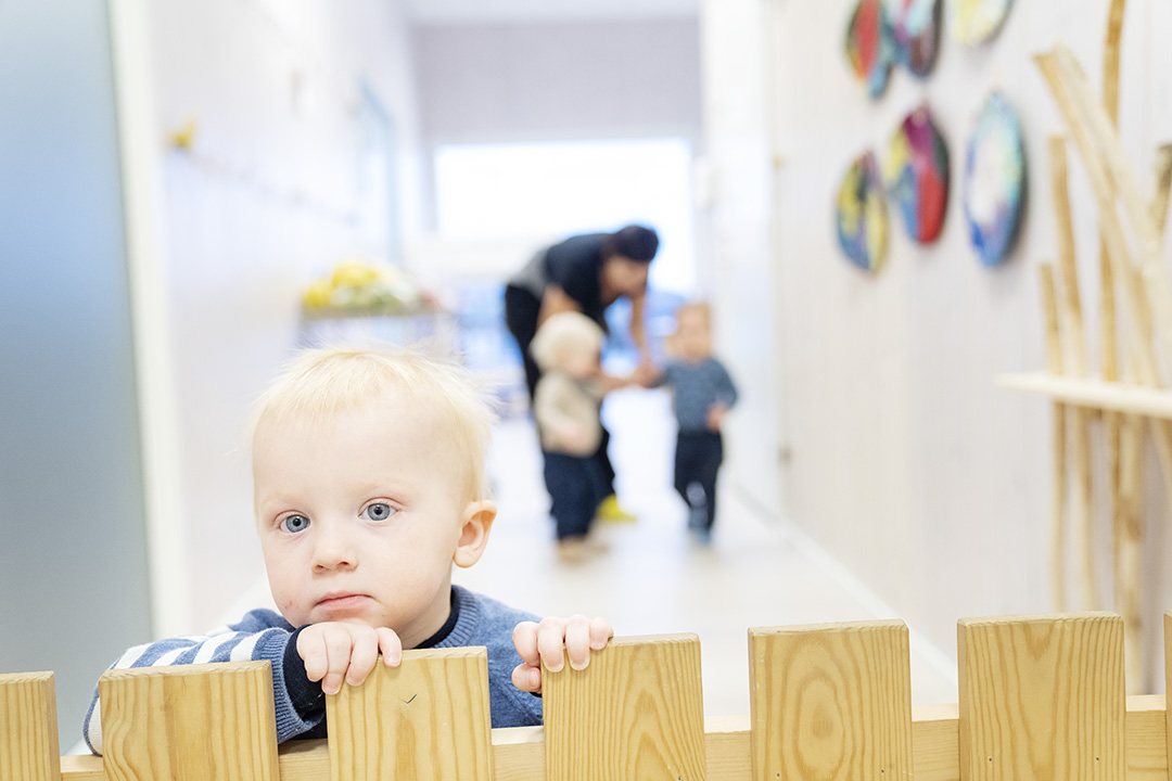 Liten gutt ser over en grind inne i barnehagen. I bakgrunnen skimtes en ansatt og to barn. Bakgrunnen er for uskarp til at man kan se hva de gjør.