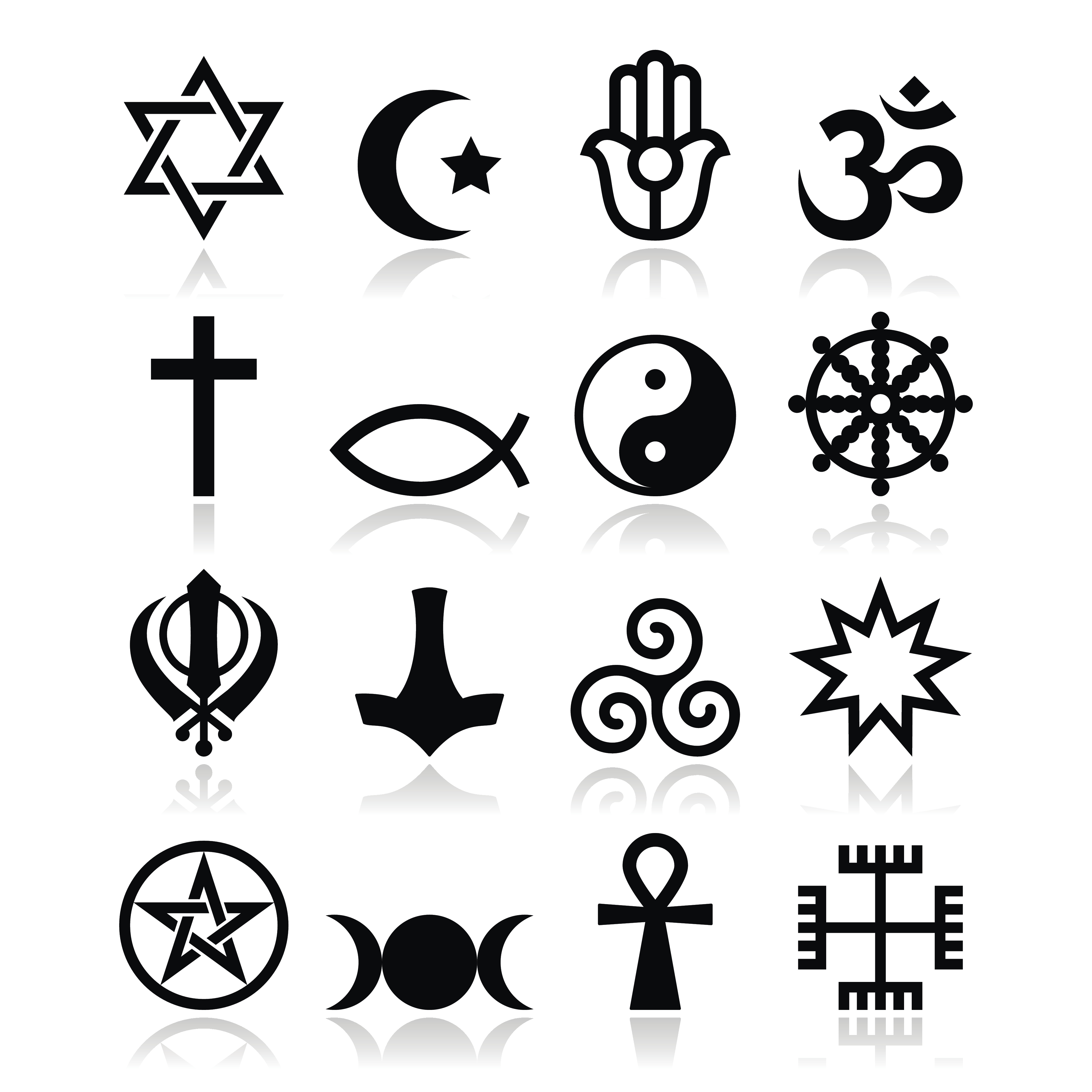 16 ikoner som representerer forskjellige religiøse symboler