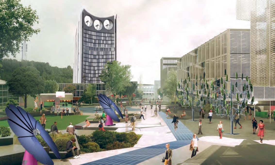 Illustrasjon av bærekraftig campus med bygninger, gangsti og folkevrimmel.