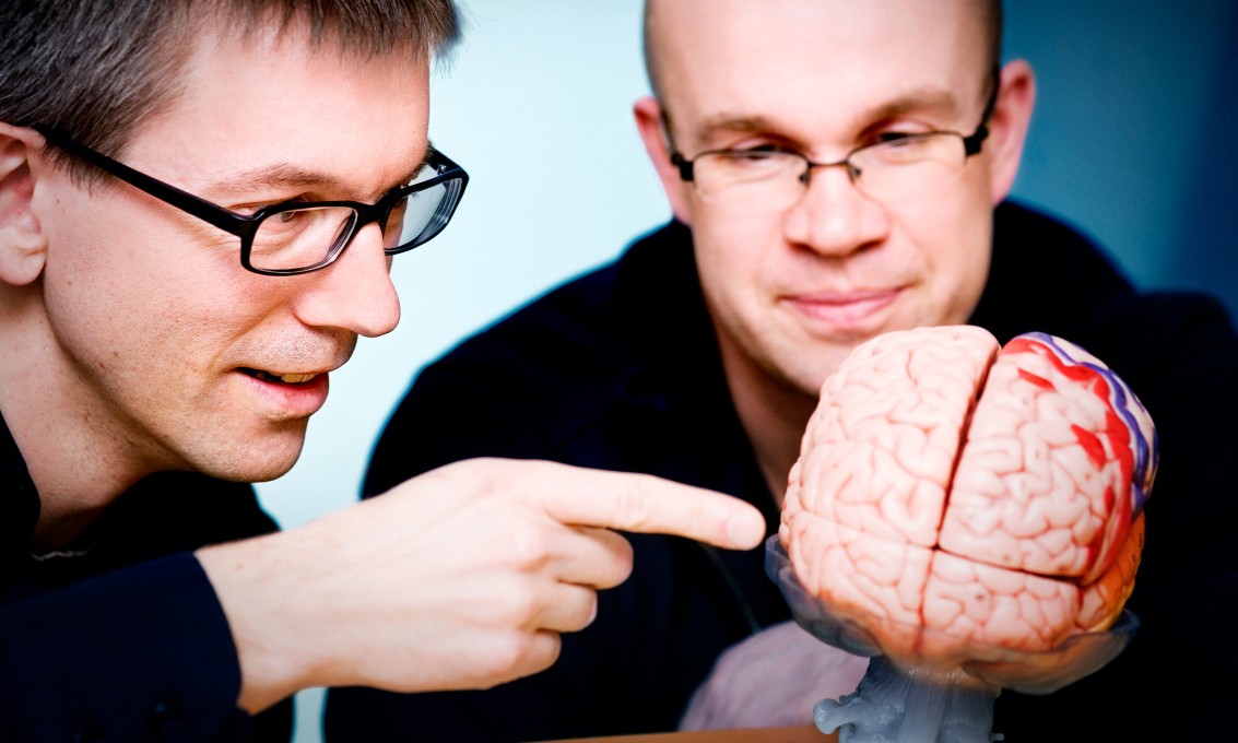 Ståle Gundersen peker på en modell av en hjerne mens Kolbjørn Brønnick ser på.