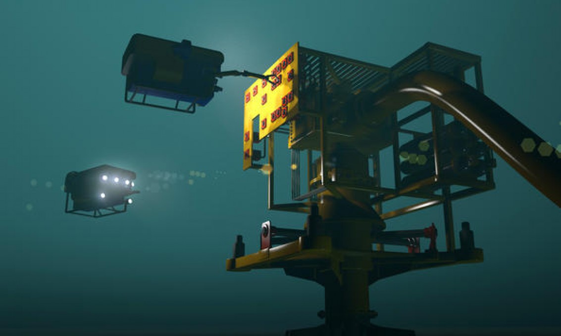 Illustrasjon av undervannsfartøy ved en havbunnsinnstallasjon