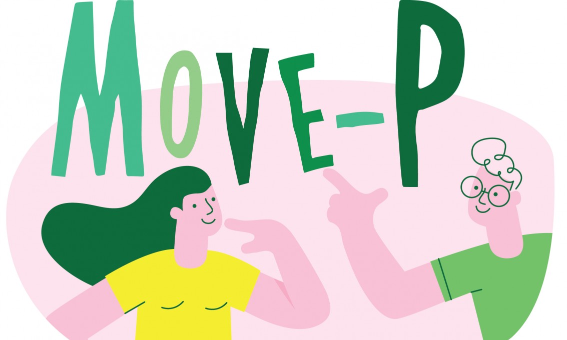 Illustrasjon til MOVE-P-prosjektet: Teksten Move-p og illustrasjon av en jente og en gutt under.