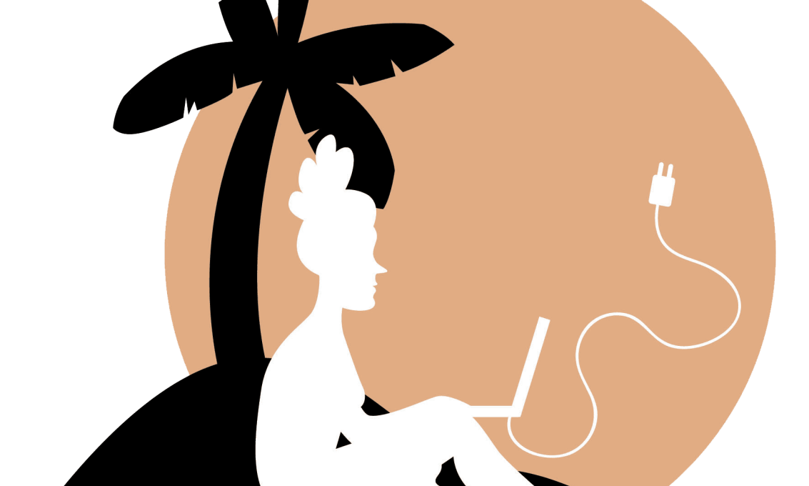 Illustrasjon av person med en laptop på en øde øy