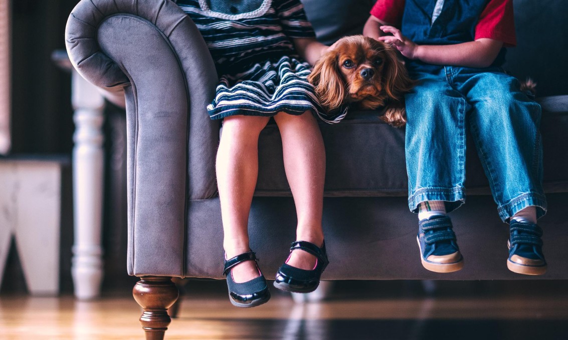 To barn og en hund sitter i en sofa.