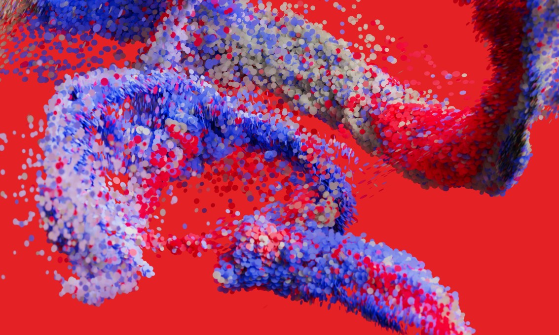 Et dynamisk mønster av lilla, blå og røde sirkler formet som et DNA-molekyl på rød bakgrunn