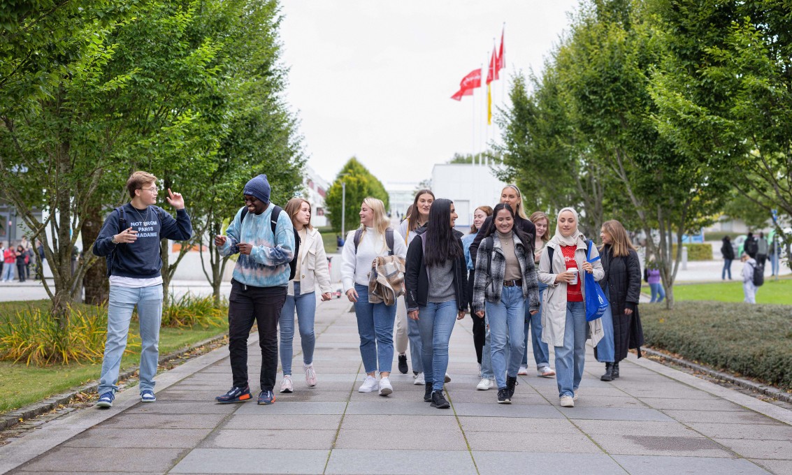 En gruppe med studenter går samlet nedover campus.