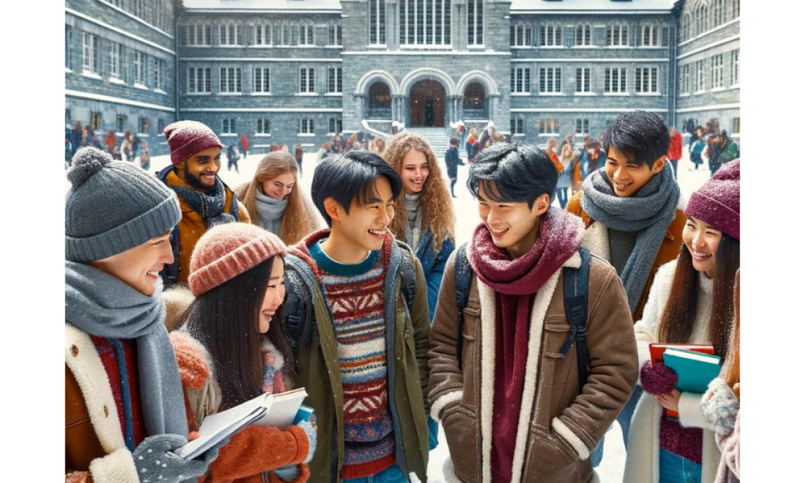 Studenter som representer mangfold foran et fiktivt universitet.