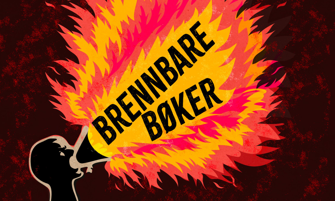 Et menneske med talerør som roper ut overskriften "Brennbare bøker" der ordene er i flammer.