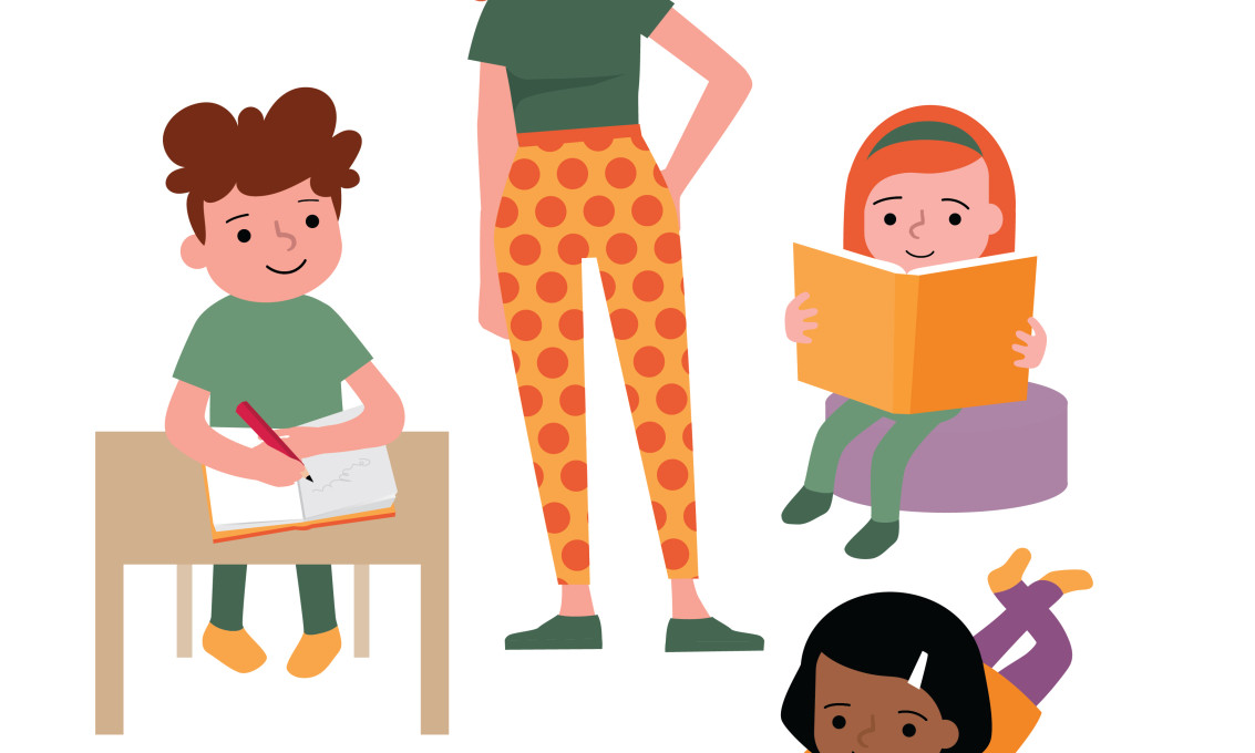 Illustration of three kids and a teacher. One kid is reading, one is writing and one is drawing while the teacher observes. 