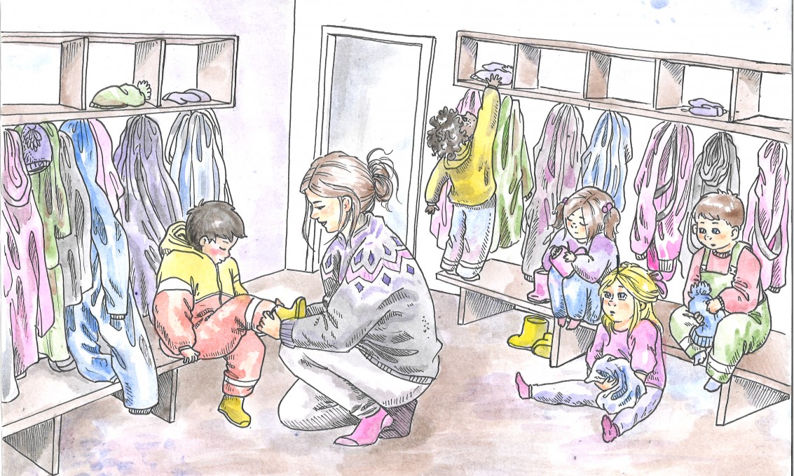 Illustrasjon av en barnehagelærer som hjelper et barn med å ta på uteklær i garderoben