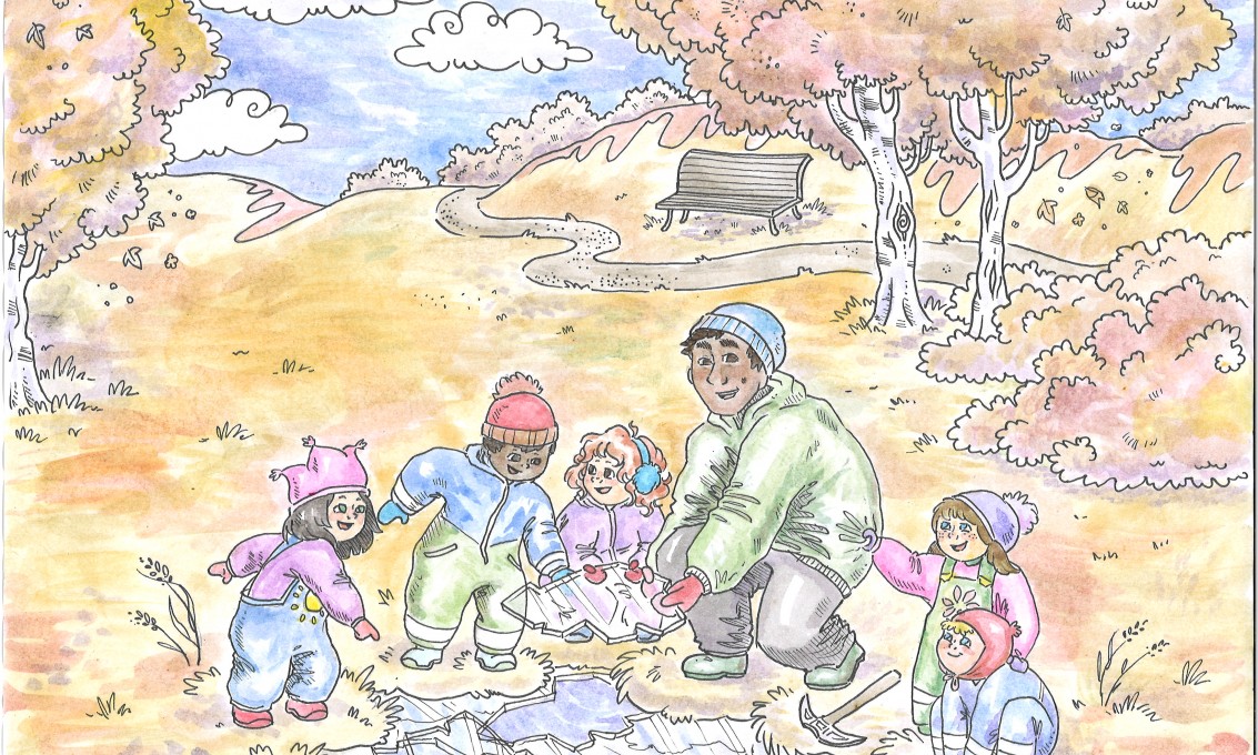 Illustrasjon av en barnehagelærer og flere barnehagebarn som studerer et isflak på tur i skogen