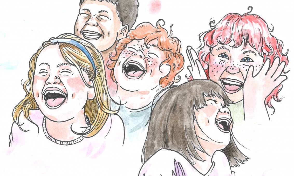 Illustrasjon av fem glade og smilende barnehagebarn