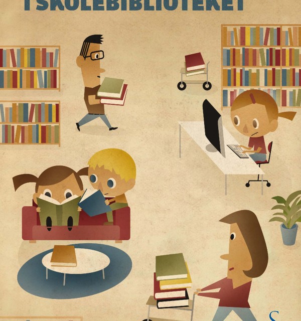 Forside: Lesing i skolebiblioteket. Illustrasjon: Tegning fra et bibliotekmiljø
