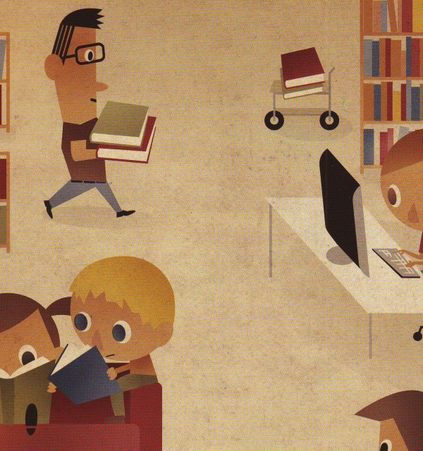 Illustrasjon: Barn og en voksen i et bibliotek