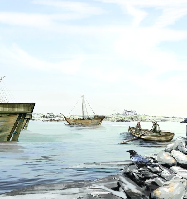 Figur 1. Slik kan det ha sett ut i hamna ved Avaldsnes i 1368. I bakgrunnen ser ein kongsgarden som dette året blei sett fyr på av hanseatane som del av ein konflikt med kongen. Illustrasjon: Hege Vatnaland